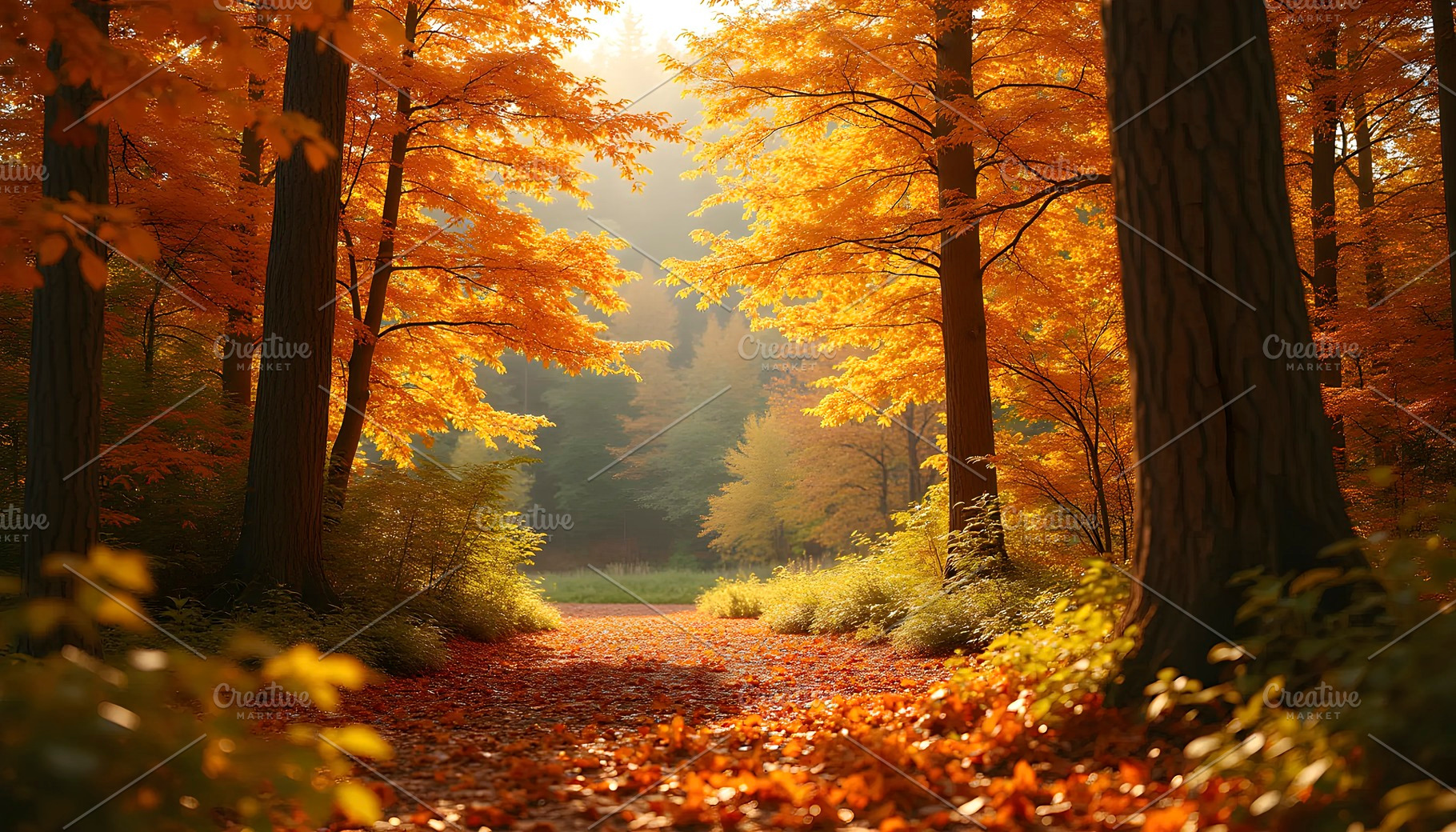 Colorful Autumn Forest With Sunlight, a Photo by LOGOCREATIVE