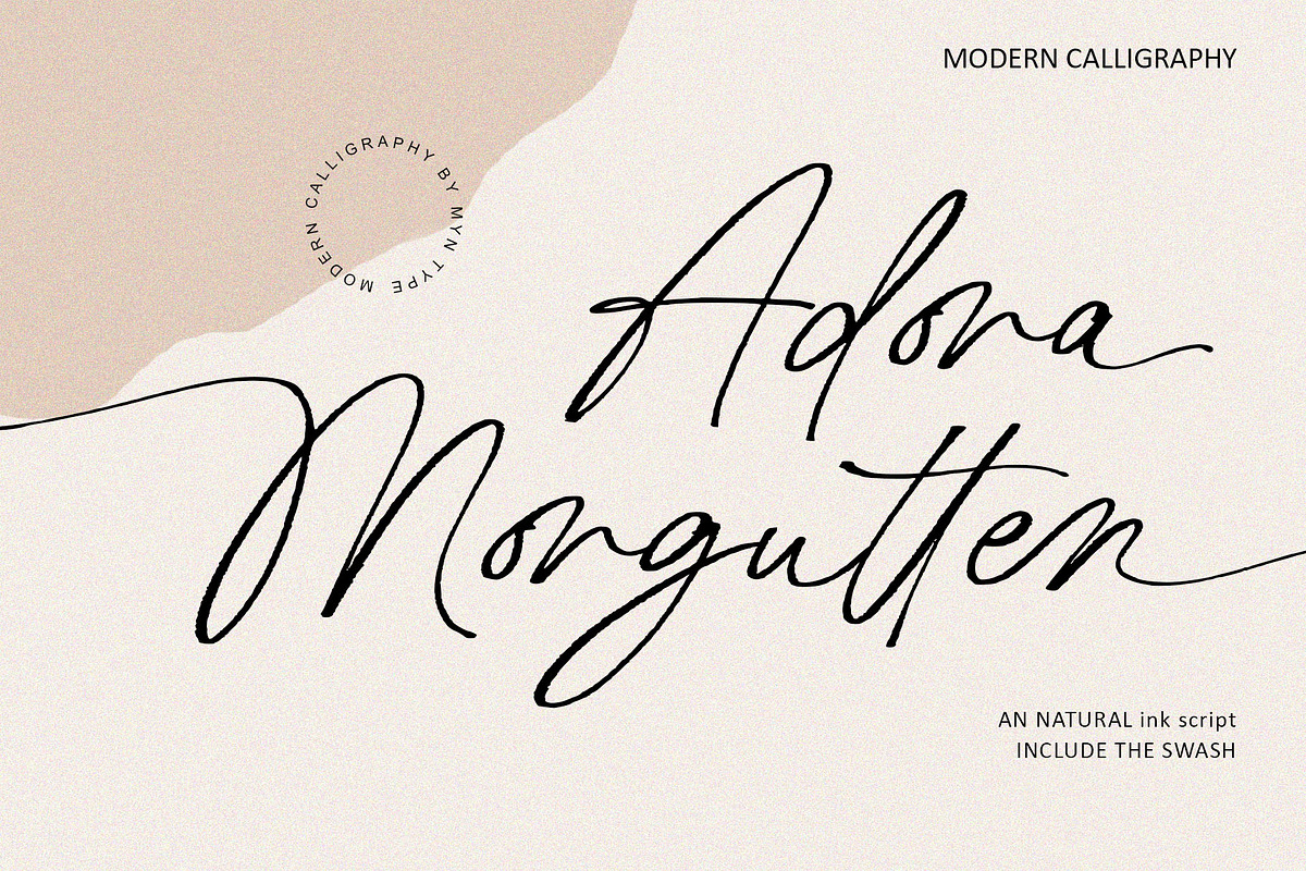 Adora Morgutten - Ink Calligraphy, a Script Font by Myn Type (Photo 1 of 18)