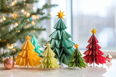 Colorful origami Christmas trees in various sizes, with a festive background of, an Arts & Entertainment Photo by Textures & Backgrounds