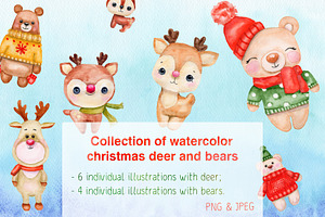 Watercolor Christmas deer and bears