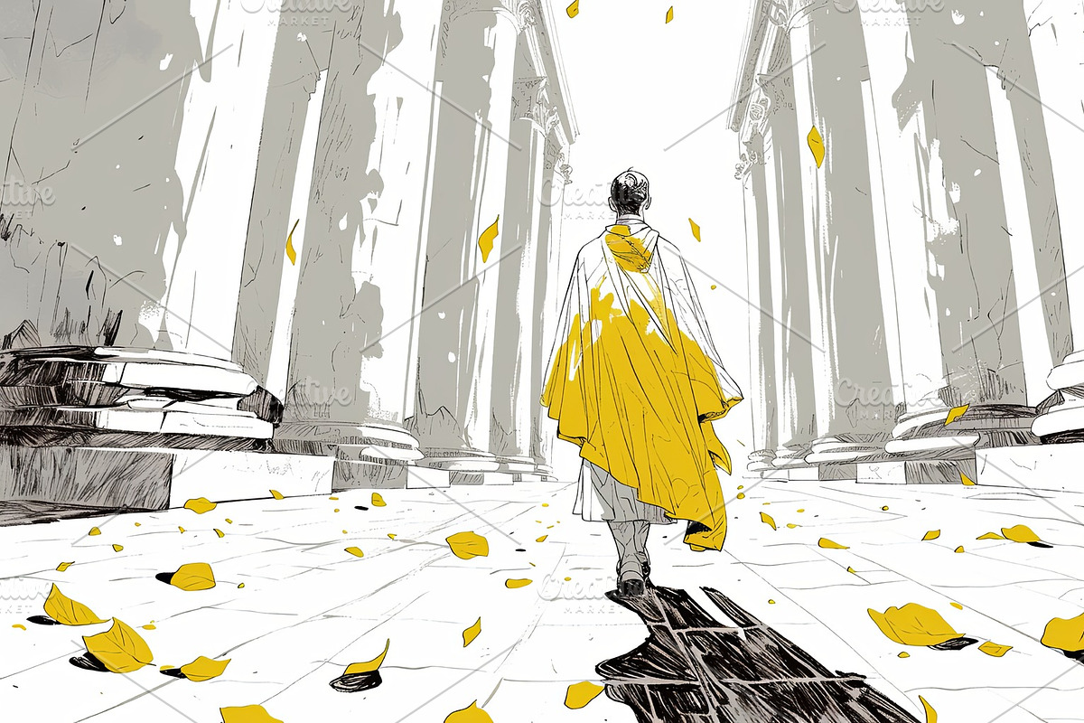 Person walking among grand columns with yellow autumn leaves scattered, an Illustration by AS photostudio