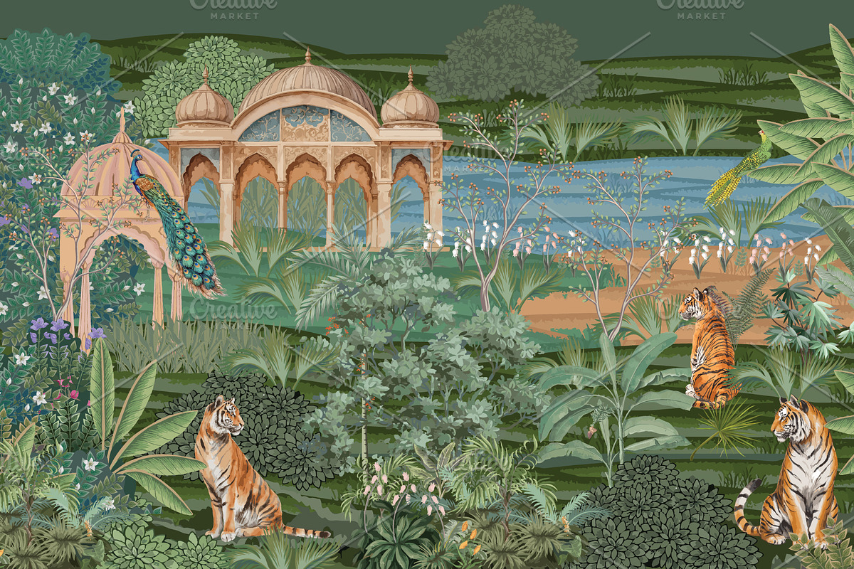Mughal Pichwai Forest Garden Art, a Decorative Illustration by Mughal Wallpaper