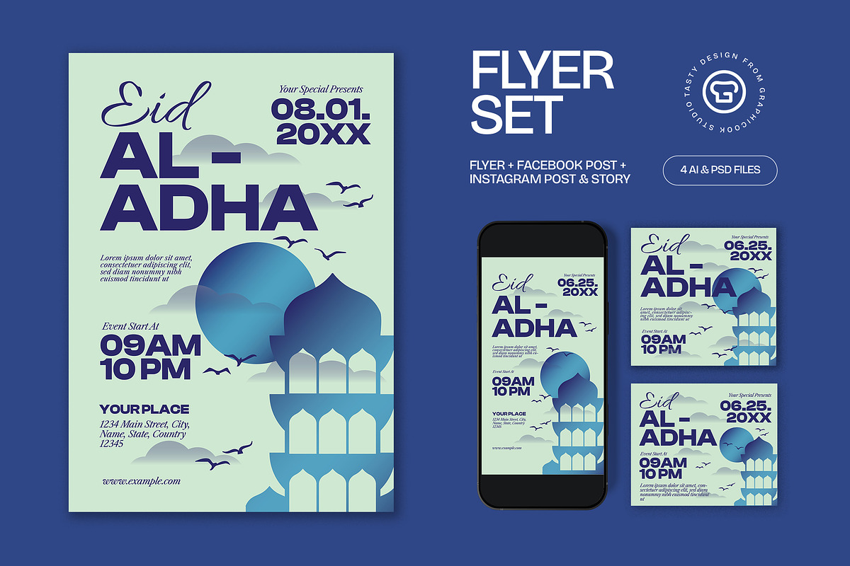 Green Blue Eid Al Adha Flyer Set, a Flyer Template by graphicook (Photo 1 of 6)