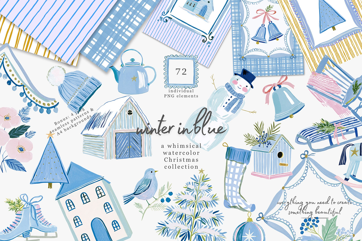 blue Christmas watercolor clipart, a Decorative Illustration by Patishop Art (Photo 1 of 13)