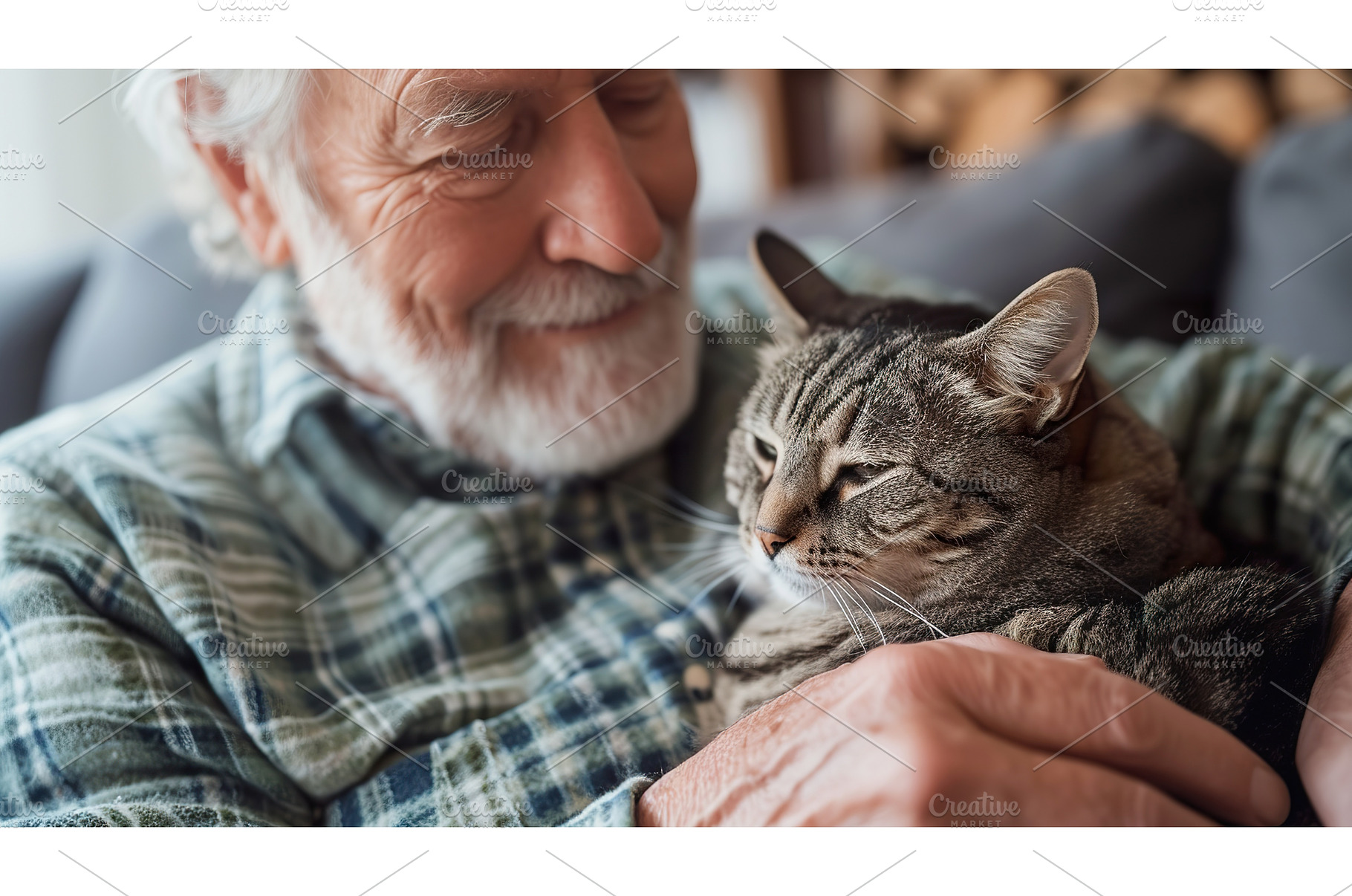 senior man cuddling with his tabby, a Person Photo by Lermont51