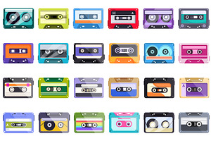 Stereo Cassettes Icons Set Cartoon