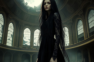 beautiful young goth woman in theatre ruins AI generated, a Photo by WorldOfPhotos