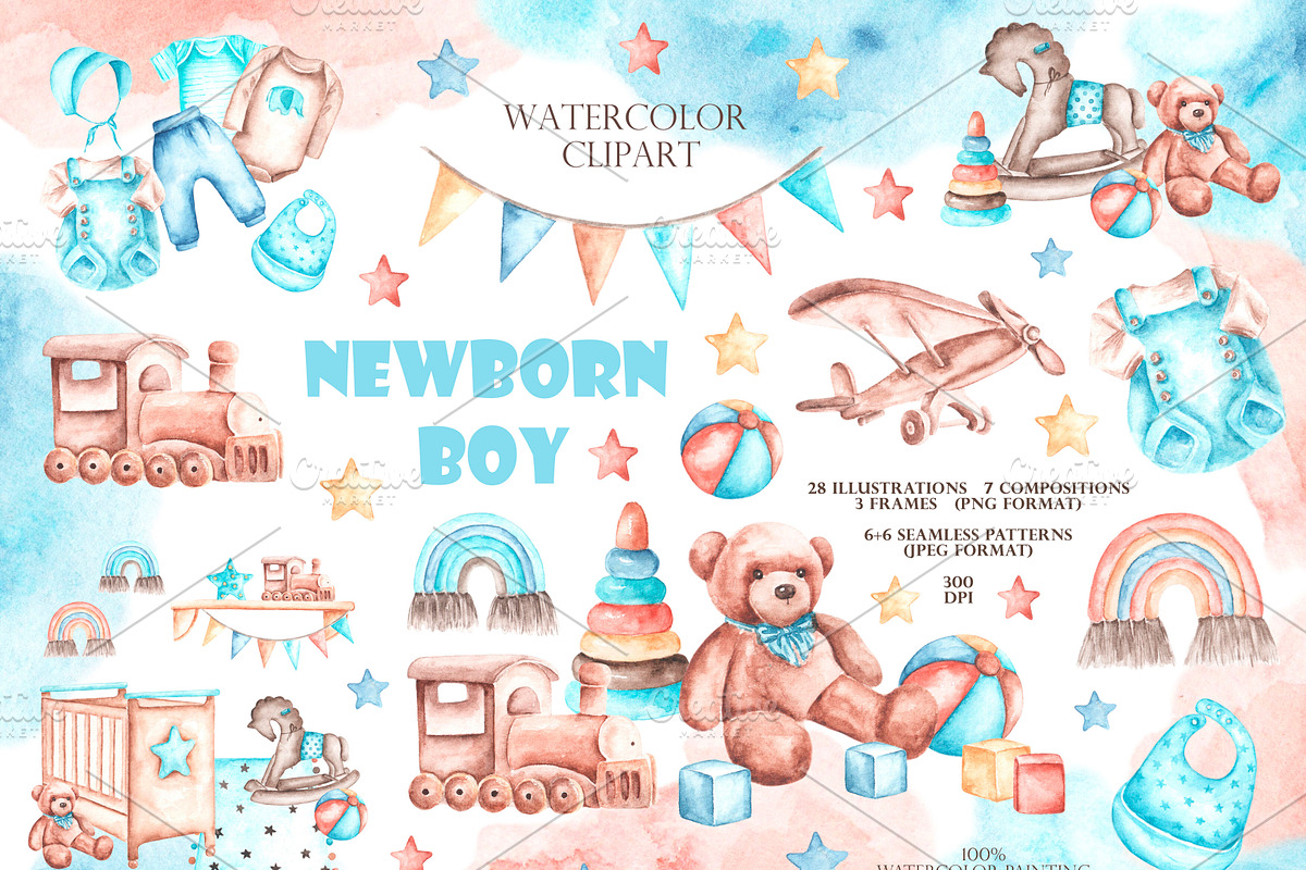 Baby boy watercolor set. Birthday., an Illustration by SabinaWatercolorArt (Photo 1 of 15)