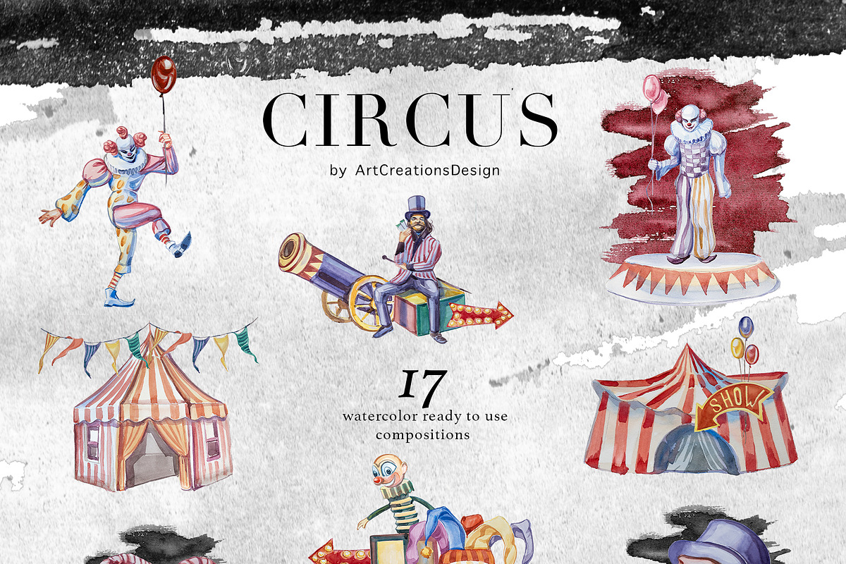 Watercolor Circus Clipart Set, a Seasonal Illustration by ArtCreationsDesign (Photo 2 of 8)