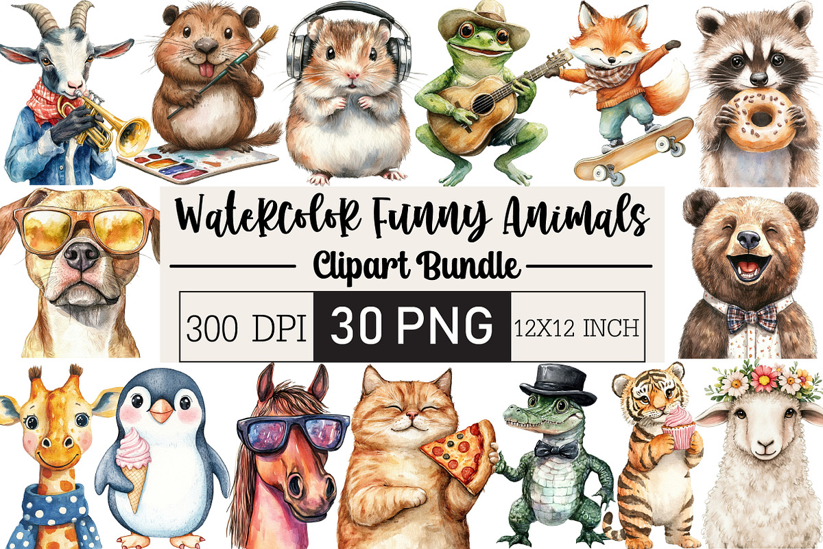 Watercolor Funny Animals Clipart, an Illustration by Black Bird Studio (Photo 1 of 6)