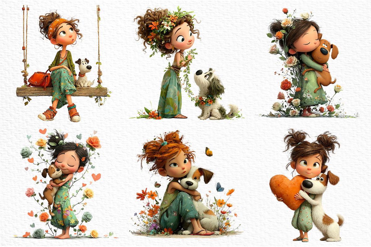 Whimsical Girl & Dog Love Clipart, a Seasonal Illustration by Craft Nest (Photo 3 of 6)