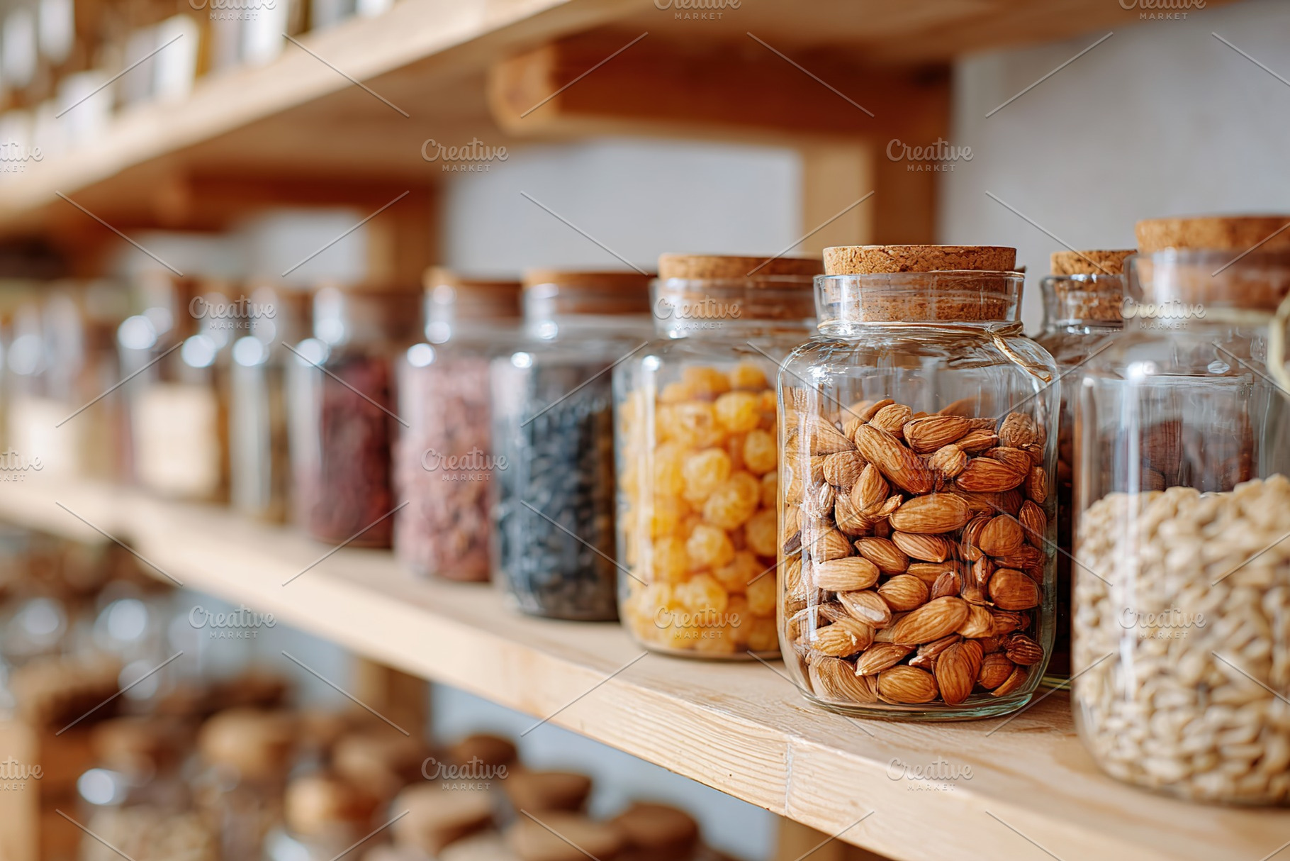 Jars filled with colorful dry goods displayed on wooden shelves in a home kitch, a Food & Drink Photo by AlyaAnd