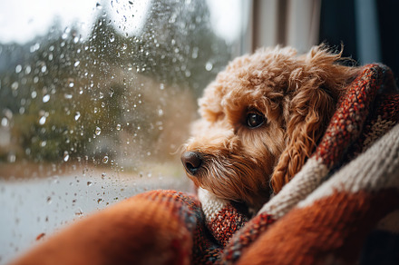 Dog gazes out the window while wrapped in a cozy blanket during a rainy day, an Animal Photo by AlyaAnd