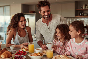 Happy family enjoying breakfast toge, a Photo by Pixeness Studio