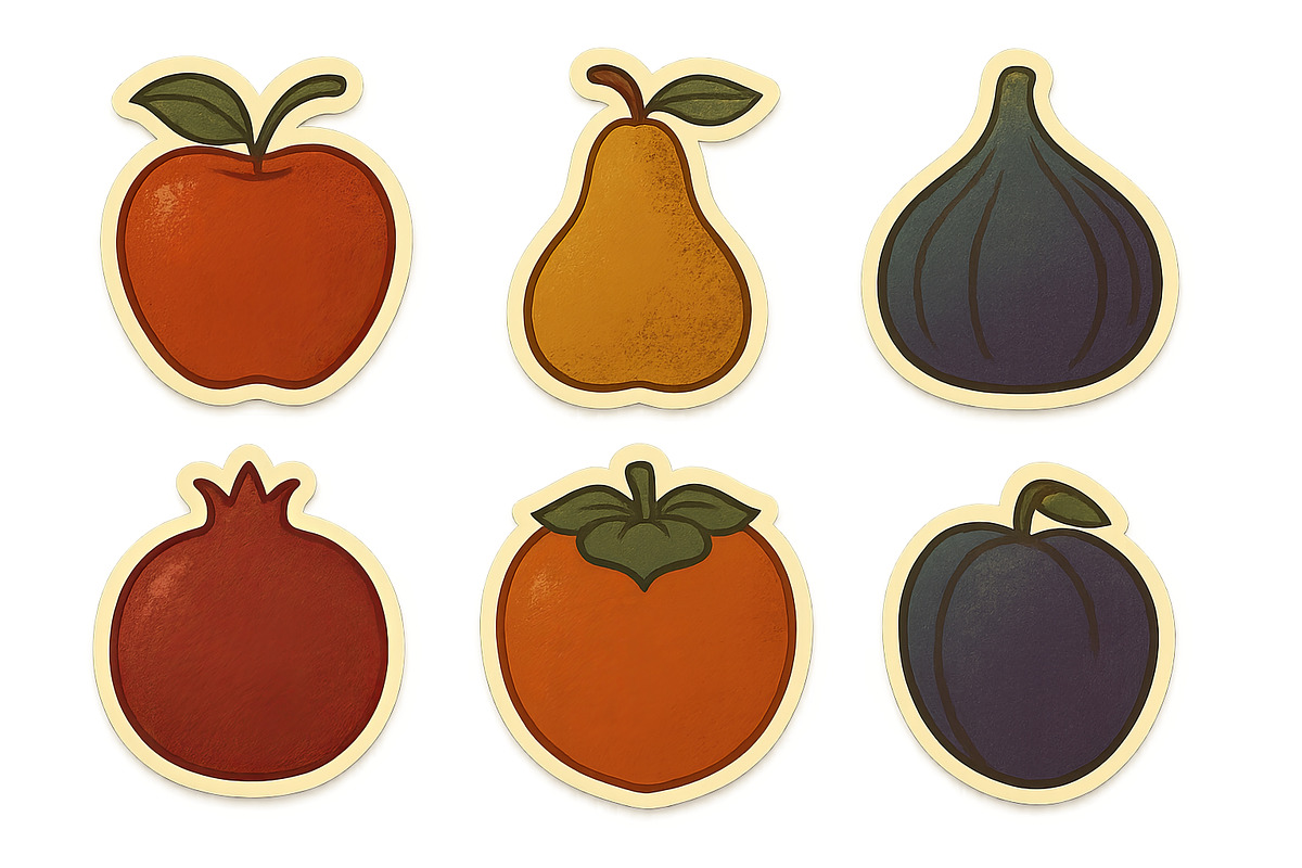 Autumn fruit stickers with apple, pe, an Illustration by Dvoevnore photos