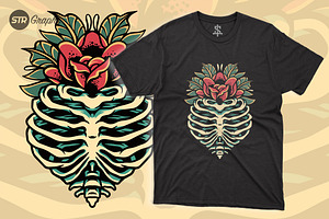 Rib Skull Flower - Retro Style