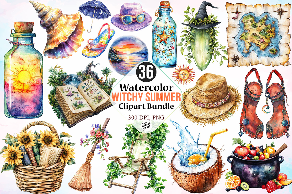 Watercolor Witchy Summer Clipart PNG, a Seasonal Illustration by Canvas Craft (Photo 1 of 3)