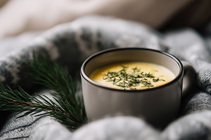 Cozy cup of creamy winter soup with, a Food & Drink Photo by MistyDay