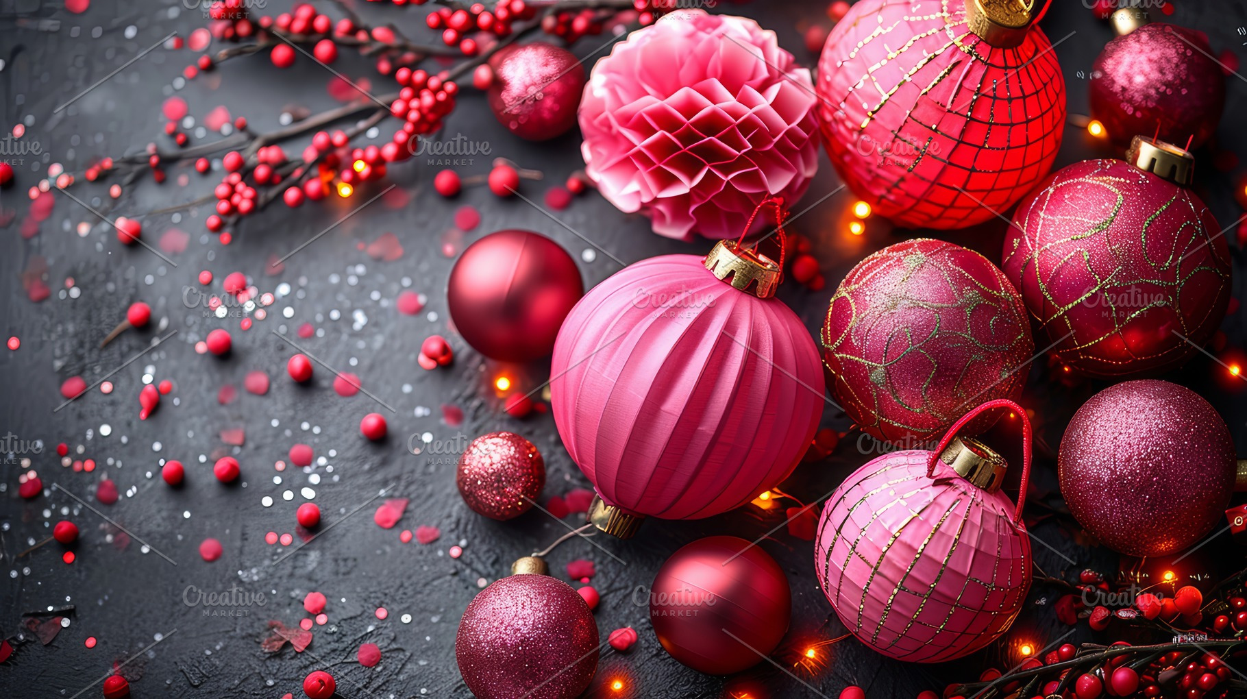 Festive Red and Pink Christmas Ornaments with Sparkling Lights and Berries, a Photo by AS photostudio