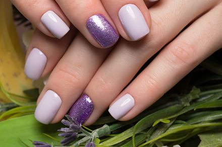 Purple neat manicure on female hands on flowers background nail design, a Beauty & Fashion Photo by KOBRIN|PHOTO