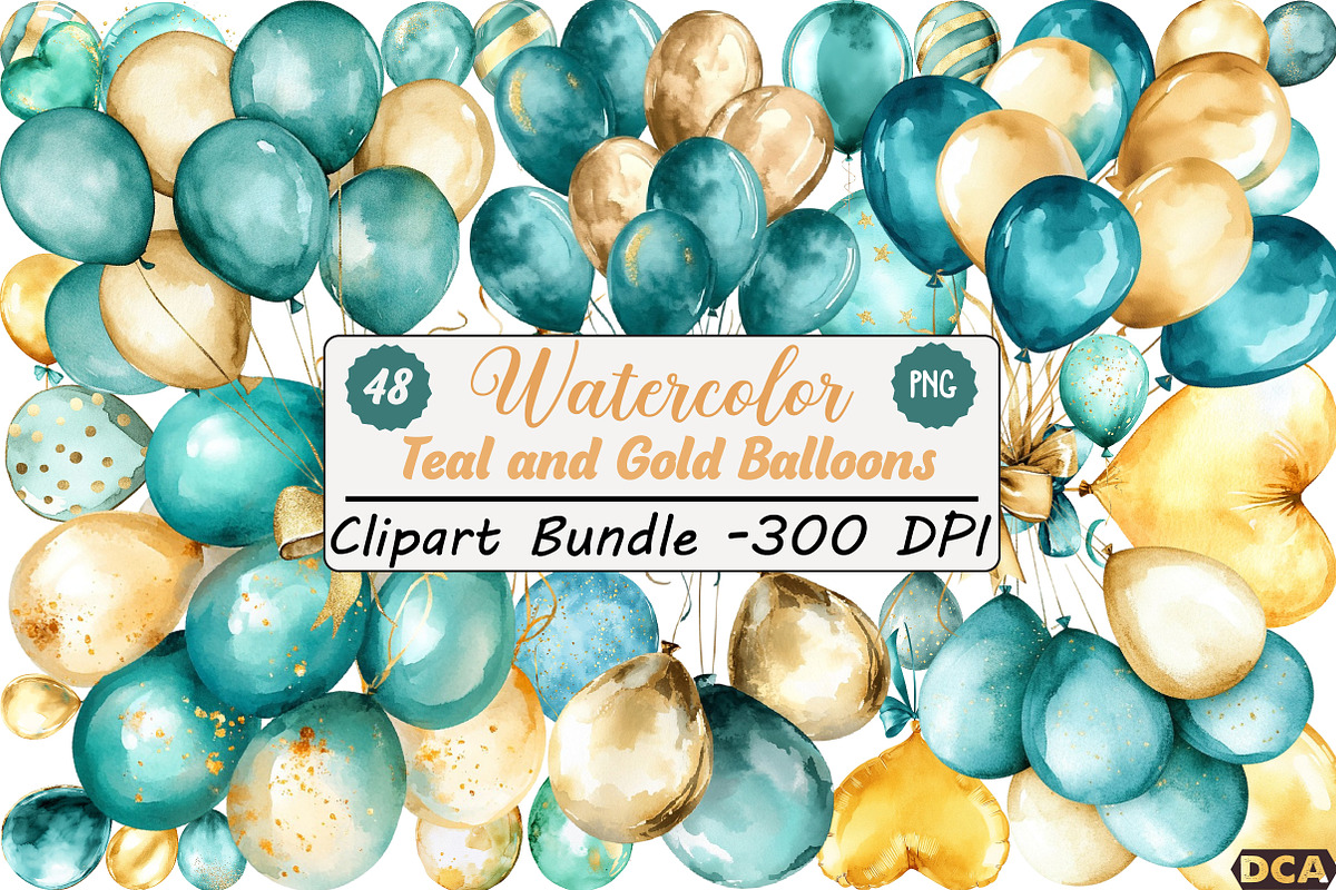 Teal and Gold Balloons Clipart, an Illustration by DreamCafeArt (Photo 1 of 9)