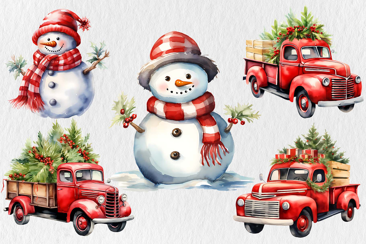 Watercolor Christmas Vintage Clipart, an Illustration by Moon Studio (Photo 3 of 12)