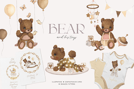 Bear and His Toys Animals Watercolor