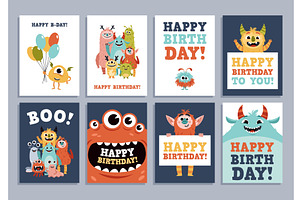 Monsters birthday party cards. Funny, an Animal Illustration by YummyBuum