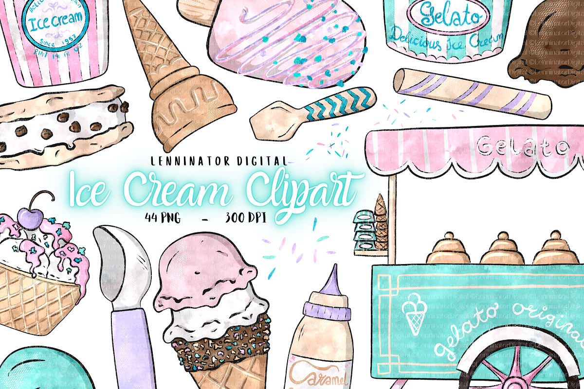 Watercolor Gelato Ice Cream Clipart, a Food Illustration by Lenninator Digital (Photo 1 of 9)