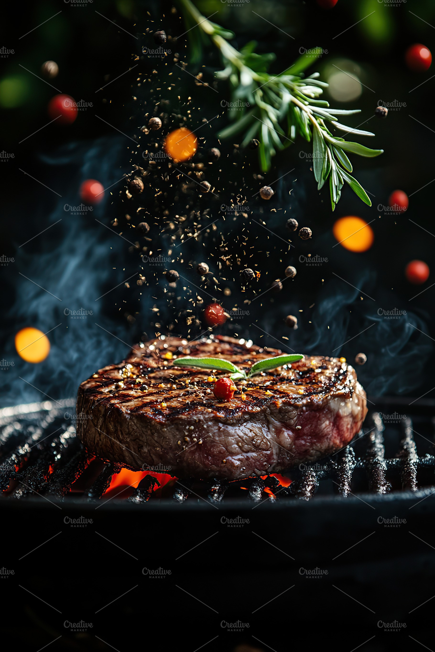 Juicy steak grilling with falling herbs and spices under warm evening light, a Food & Drink Photo by AlyaAnd