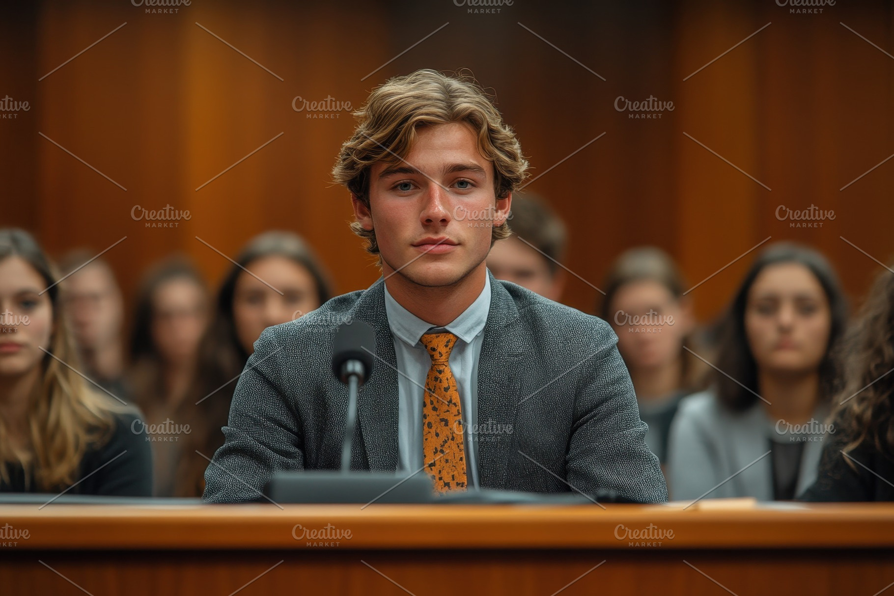 Young man testifies in courtroom as, a Photo by Tanuart
