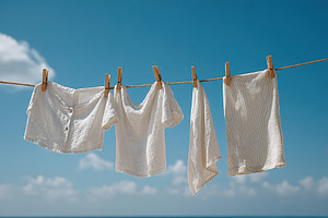 Linen garments drying in the sun against a clear blue sky by the coastline, a Beauty & Fashion Photo by AlyaAnd
