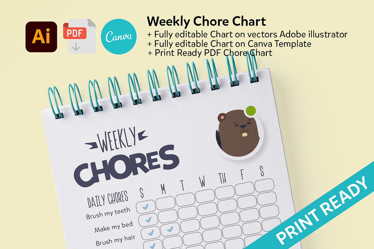 Kids Chore Chart CANVA + PDF + AI, a Stationery Template by DeLaGranSiete