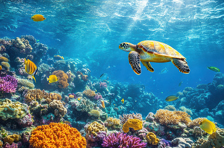 Sea turtle swims in a vibrant, color, a Background Photo by Pixeness