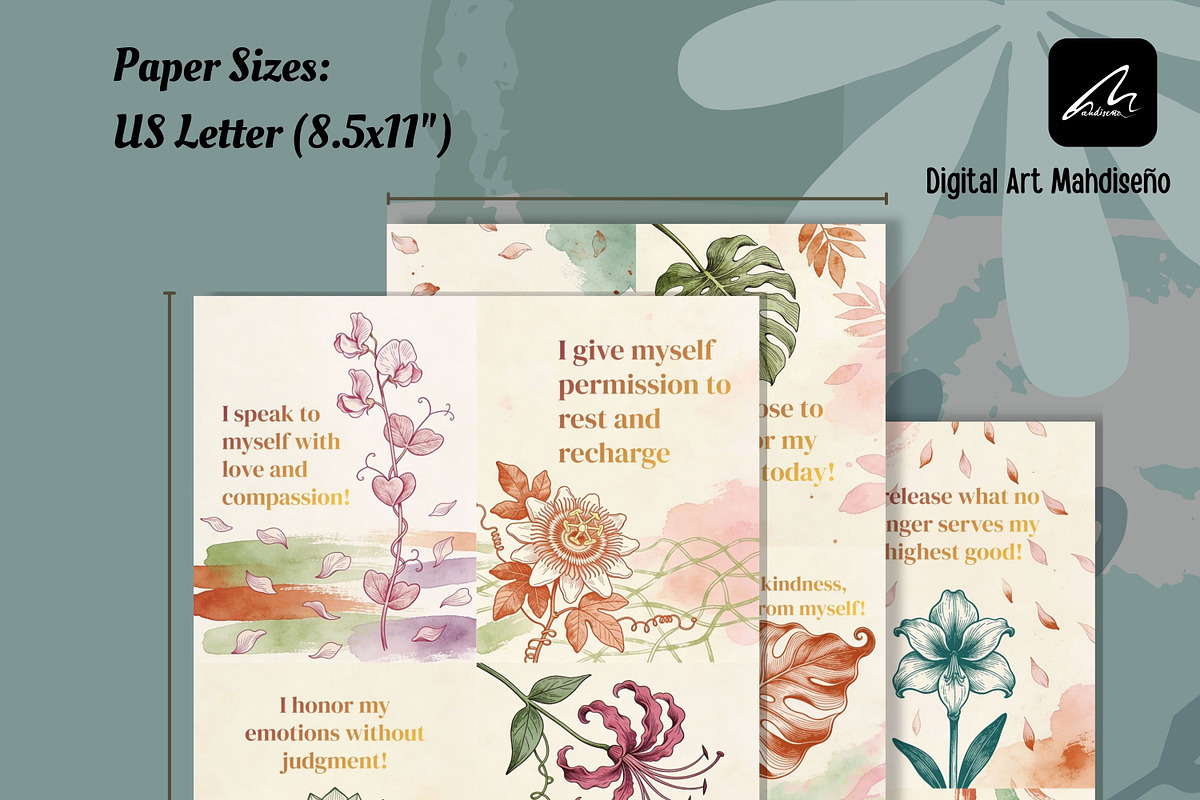 Boho Botanical Affirmation Cards, a Card Template by Digital Art Mahdiseño (Photo 5 of 13)