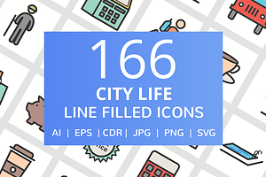 166 City Life Filled Line Icons