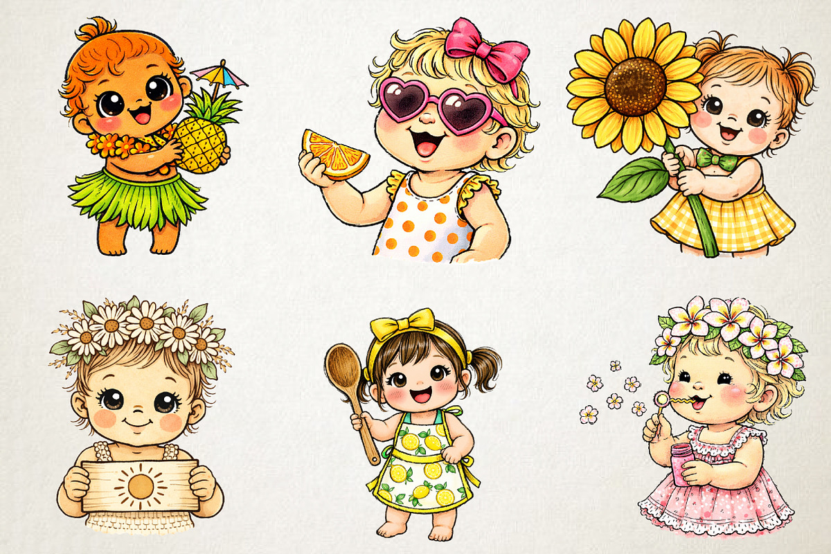 Watercolor Summer Cute Baby Girl PNG, an Illustration by RobertsArt (Photo 2 of 5)