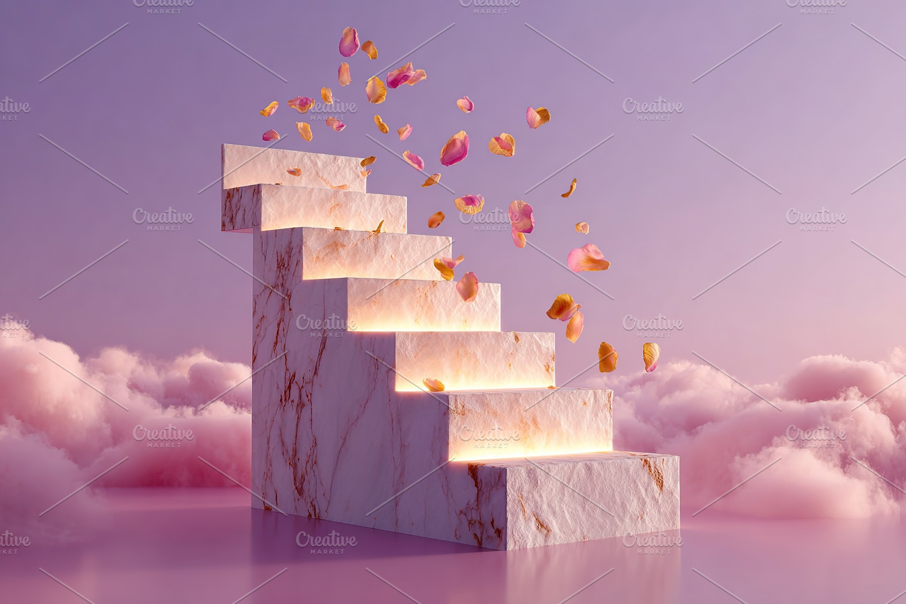 Staircase leading to clouds with flower petals floating in pastel sky at sunset, a Photo by AlyaAnd