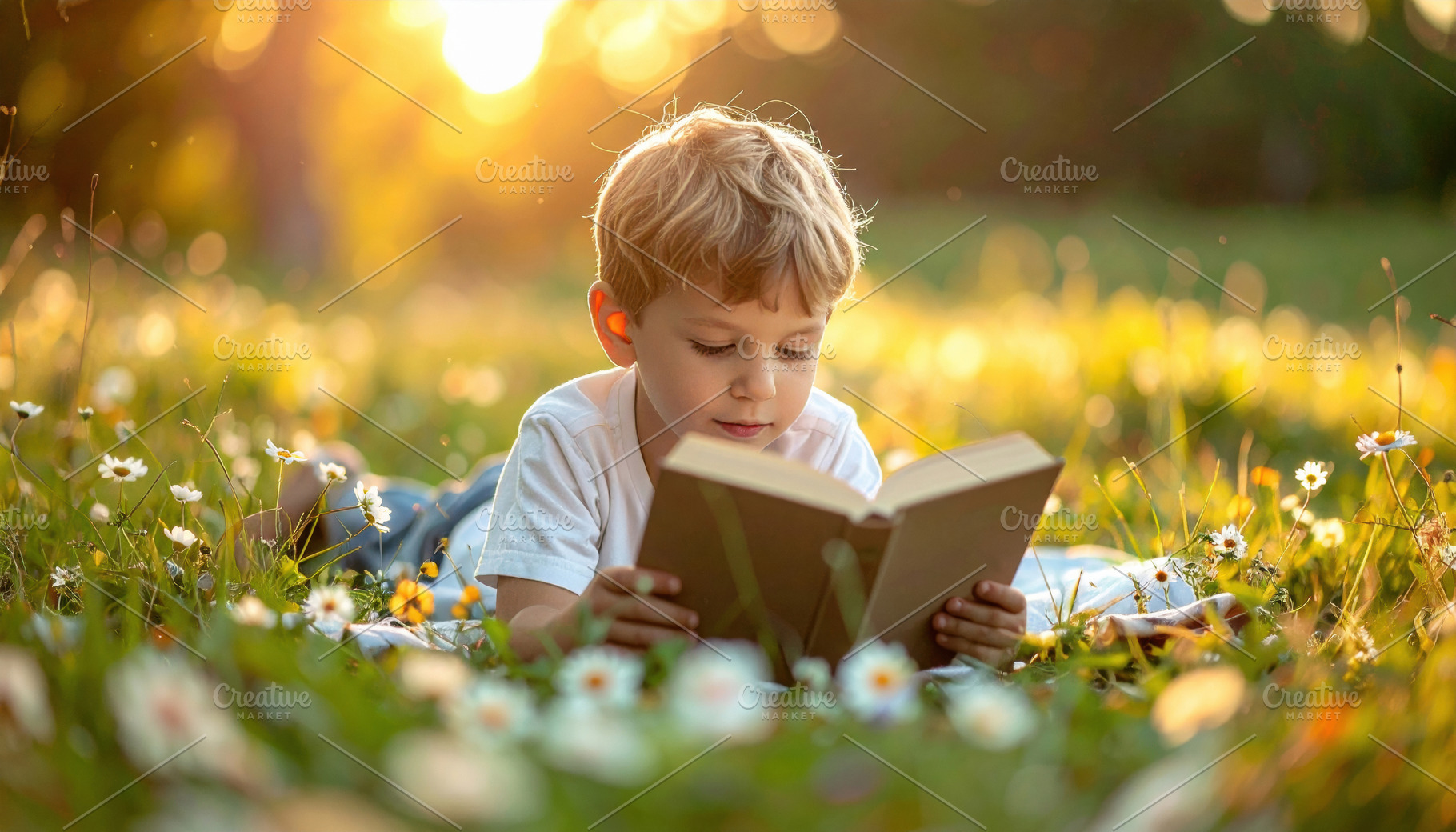 Young Boy Reading at Sunset Meadow, a Sports & Recreation Photo by Davizro's Market