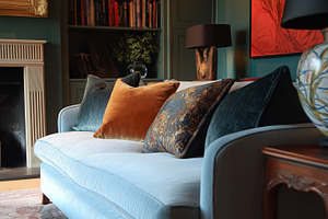Living room sofa with decorative cushions, creating a cozy and elegant interior, an Architecture Photo by Studio ANNA