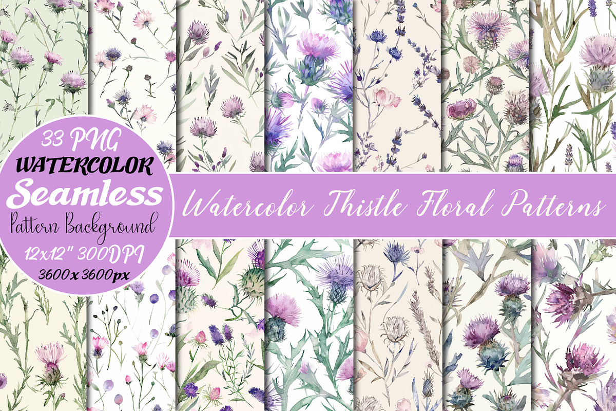 Watercolor Thistle Floral Patterns, a Pattern Graphic by DreamCafeArt (Photo 1 of 5)