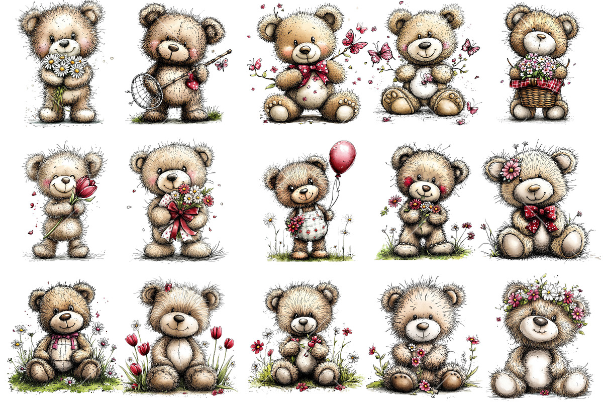 Whimsical Spring Teddy Bear Clipart, an Illustration by OK Design (Photo 3 of 6)