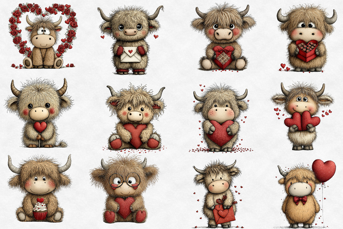 Valentine cute Highland cow clipart, an Illustration by Designworld (Photo 4 of 6)