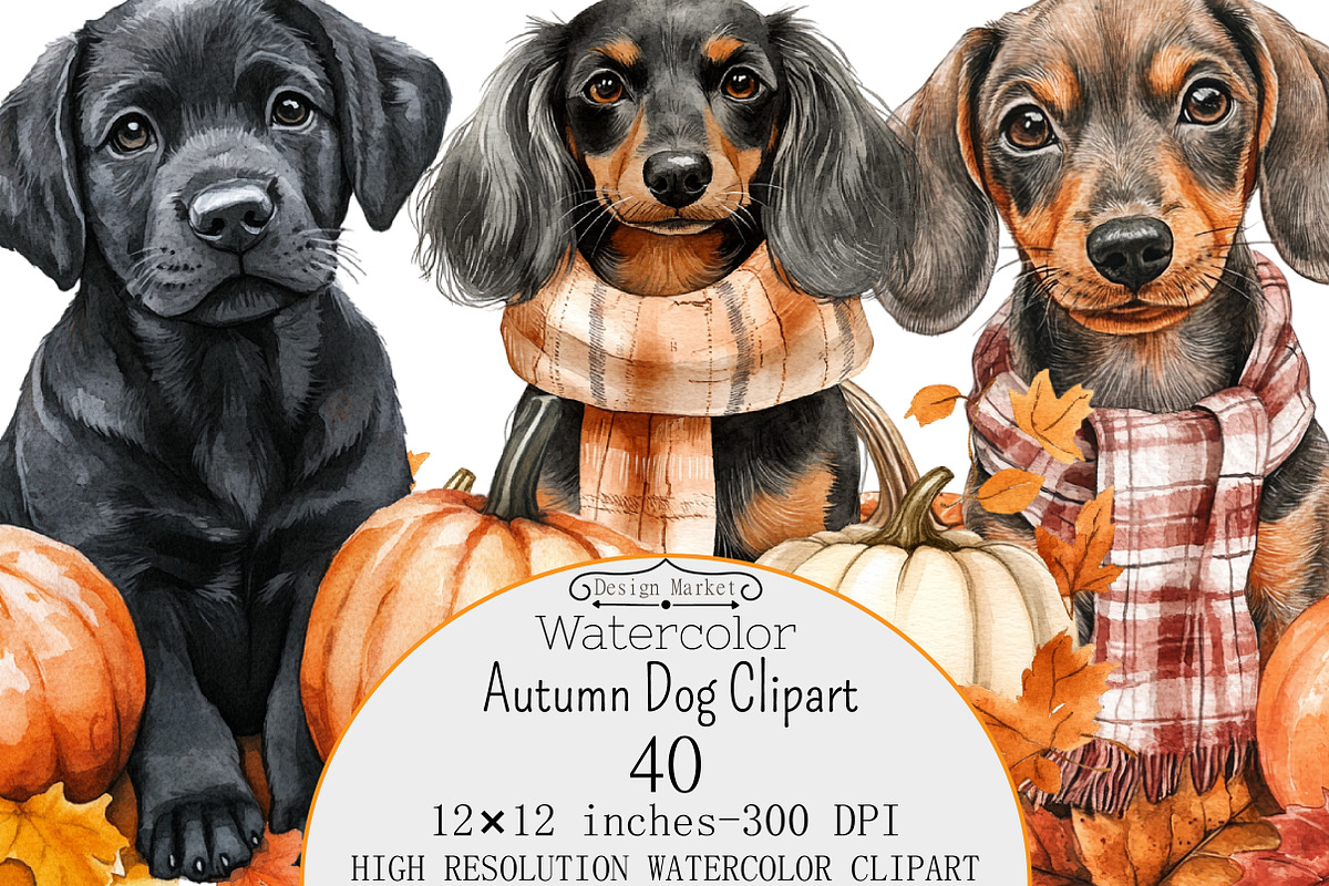 Watercolor Autumn Dog Clipart, a Seasonal Illustration by Design Market (Photo 1 of 4)