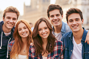 Young friends smiling, traveling together in London, enjoying ci, a Person Photo by Studio ANNA