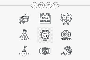 Diving Flat Line Vector Icon. Part 1