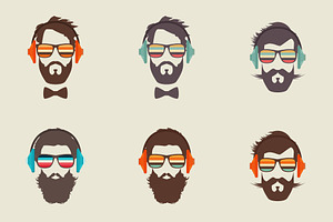 6 Hipster Men Faces With Headphone