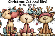 Christmas Cat And Bird Clipart, an Illustration by CraftArtStudio (Thumbnail 1 of 6)