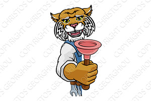 Wildcat Plumber Cartoon Mascot, an Animal Illustration by Christos Georghiou