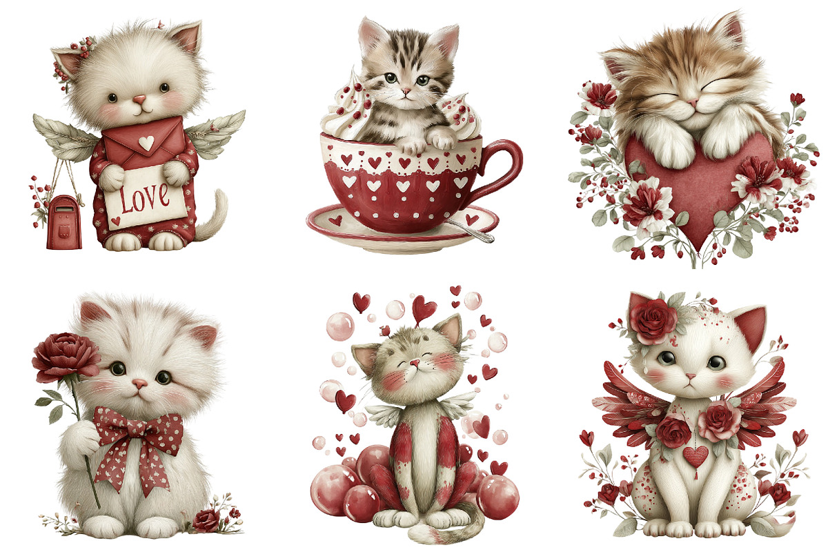 Whimsical Valentine Cats Clipart, an Illustration by DreamArtGraphic (Photo 3 of 4)